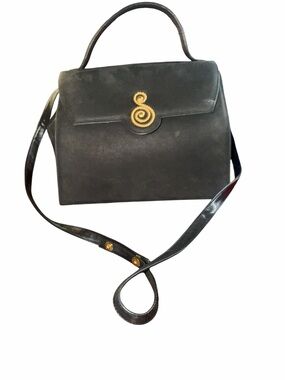 Vintage BALLY Black Suede Top Handle Bag Gold Swirl Clasp - Made in Italy
